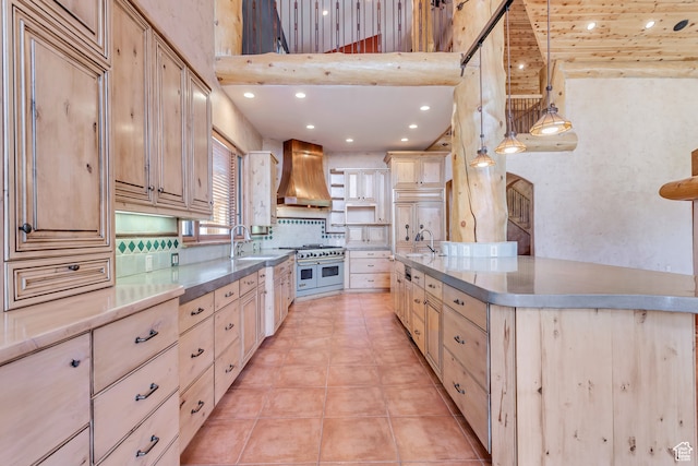 4345 W Stoneybrook Cir, Alpine, UT 84004 - kitchen featuring premium range hood, hanging light fixtures, range with two ovens, light tile floors, and tasteful backsplash