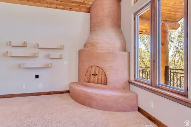 4345 W Stoneybrook Cir, Alpine, UT 84004 - unfurnished living room with wooden ceiling, lofted ceiling, and carpet flooring