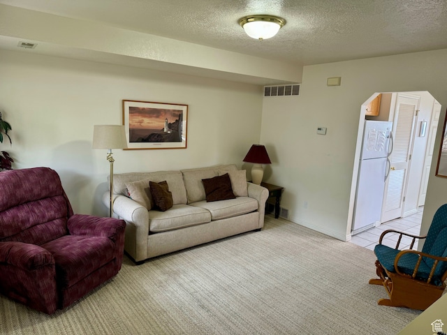 888 N Newburg Dr Unit 1, Garden City, UT 84028 - living area featuring light carpet, a textured ceiling, and arched walkways