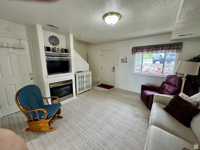 888 N Newburg Dr Unit 1, Garden City, UT 84028 - carpeted living room with a textured ceiling and a fireplace with flush hearth