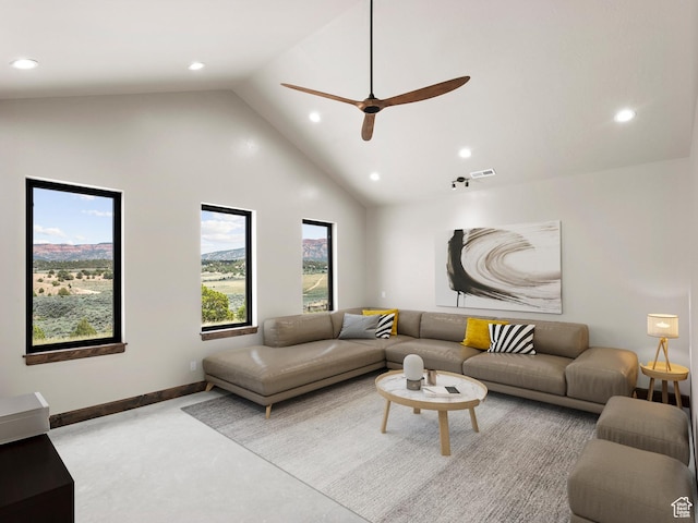 living room featuring baseboards, visible vents, high vaulted ceiling, and recessed lighting