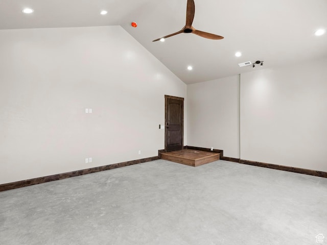 unfurnished room featuring recessed lighting, high vaulted ceiling, baseboards, visible vents, and ceiling fan
