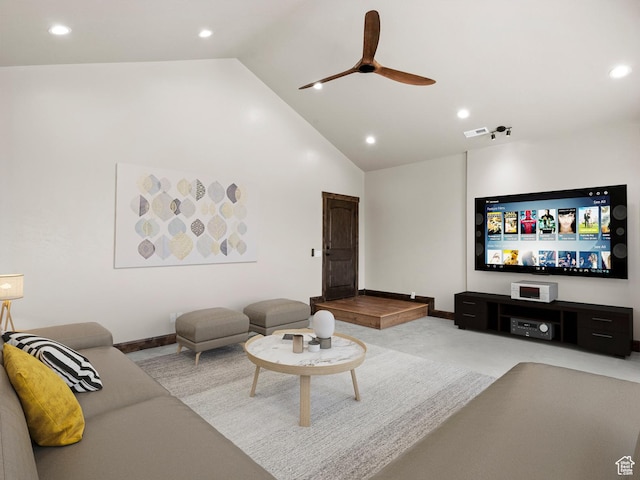 carpeted living area with recessed lighting, high vaulted ceiling, baseboards, visible vents, and a ceiling fan