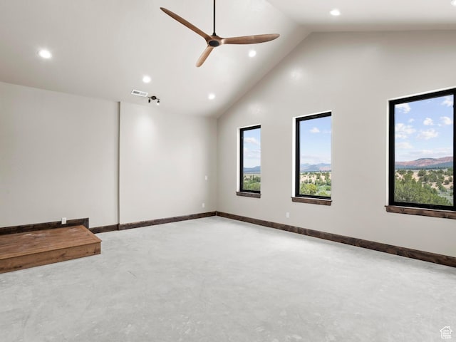 unfurnished room featuring concrete flooring, baseboards, visible vents, and a ceiling fan