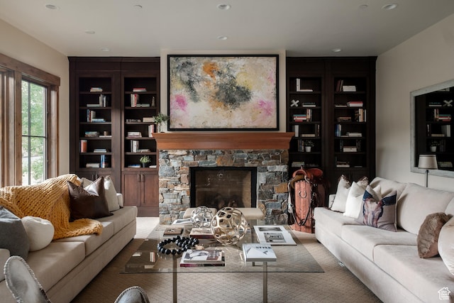 2586 N Whispering Springs Hollow Rd Unit 20, Heber City, UT 84032 - living area with a stone fireplace and recessed lighting
