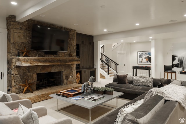2586 N Whispering Springs Hollow Rd Unit 20, Heber City, UT 84032 - living room with stairs, recessed lighting, and a fireplace