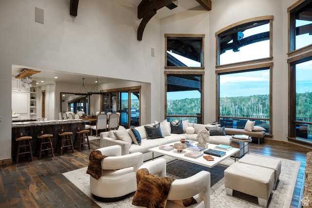 2586 N Whispering Springs Hollow Rd Unit 20, Heber City, UT 84032 - living room featuring a high ceiling, hardwood / wood-style flooring, and beam ceiling