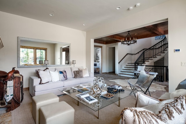 2586 N Whispering Springs Hollow Rd Unit 20, Heber City, UT 84032 - living room featuring stairway, a chandelier, beamed ceiling, and recessed lighting