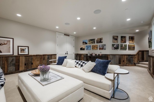2586 N Whispering Springs Hollow Rd Unit 20, Heber City, UT 84032 - living room featuring light carpet, recessed lighting, and a wainscoted wall