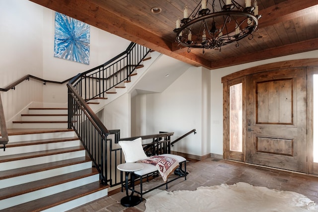 2586 N Whispering Springs Hollow Rd Unit 20, Heber City, UT 84032 - entrance foyer featuring a wooden ceiling with exposed beams, a chandelier, stone tile floors, and stairs