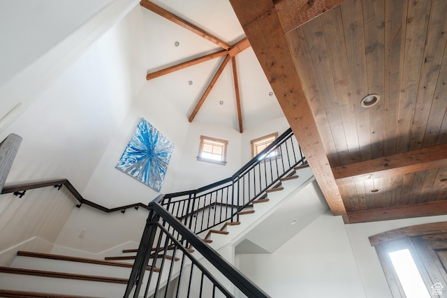 2586 N Whispering Springs Hollow Rd Unit 20, Heber City, UT 84032 - stairway featuring high vaulted ceiling and a wood ceiling with exposed beams