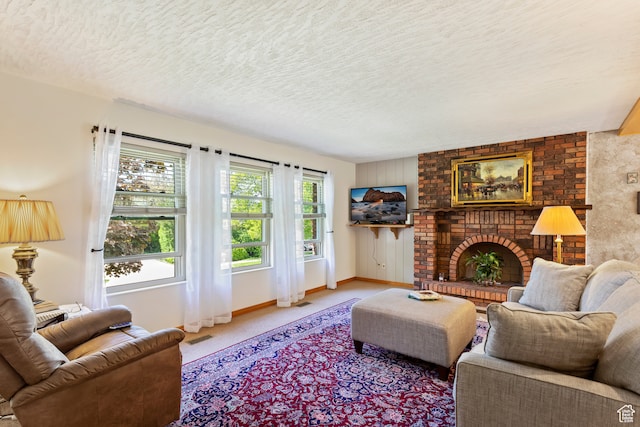 142 S Eccles Ave, Ogden, UT 84404 - carpeted living room featuring brick wall, a brick fireplace, and a textured ceiling