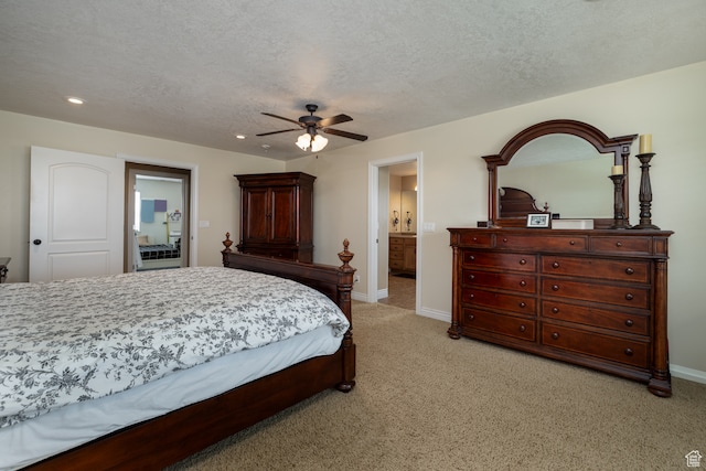 2120 N 2500 W, Vernal, UT 84078 - bedroom featuring ensuite bath, ceiling fan, a textured ceiling, and light carpet