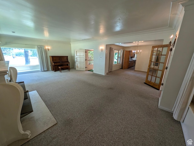 1235 E 820 N, Provo, UT 84606 - living area with a healthy amount of sunlight, a notable chandelier, crown molding, and carpet