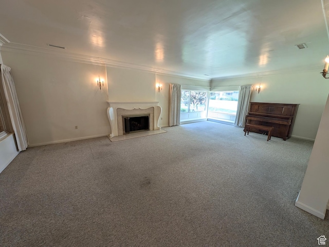 1235 E 820 N, Provo, UT 84606 - unfurnished living room with a fireplace with flush hearth, carpet flooring, visible vents, baseboards, and ornamental molding