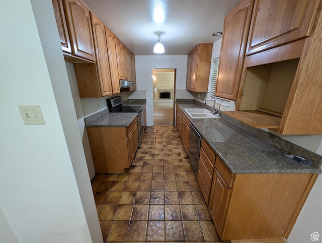 1235 E 820 N, Provo, UT 84606 - kitchen with a sink, brown cabinetry, stone finish flooring, stainless steel range with electric cooktop, and dishwashing machine