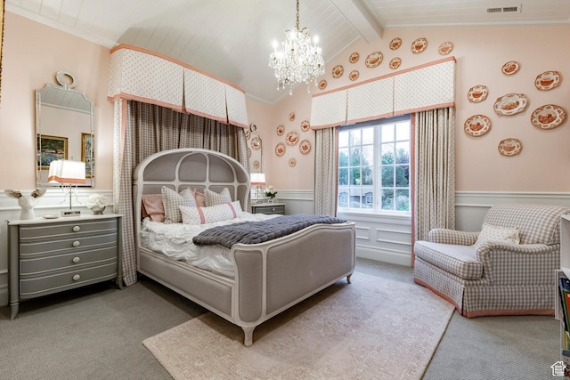 4250 S Camille St, Holladay, UT 84124 - bedroom featuring ornamental molding, a chandelier, lofted ceiling with beams, and carpet