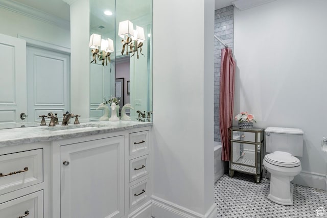4250 S Camille St, Holladay, UT 84124 - full bathroom featuring crown molding, shower / bath combination, an inviting chandelier, vanity, and toilet