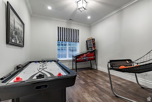 4250 S Camille St, Holladay, UT 84124 - recreation room with crown molding and dark hardwood / wood-style floors