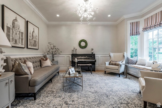 4250 S Camille St, Holladay, UT 84124 - living room featuring hardwood / wood-style flooring, ornamental molding, and an inviting chandelier