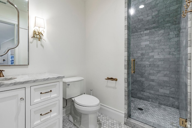 4250 S Camille St, Holladay, UT 84124 - bathroom with vanity, a shower with shower door, tile patterned floors, and toilet