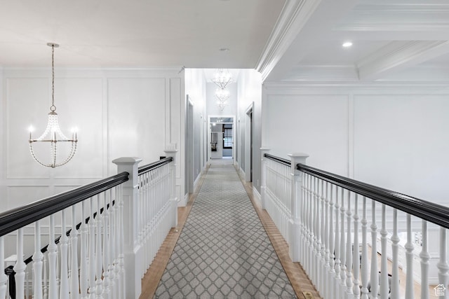 4250 S Camille St, Holladay, UT 84124 - hall with beam ceiling, crown molding, coffered ceiling, and a chandelier