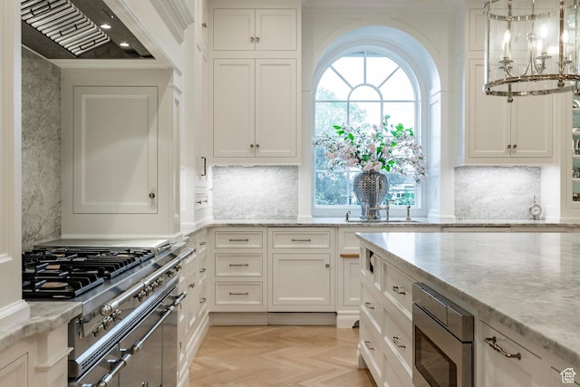 4250 S Camille St, Holladay, UT 84124 - kitchen featuring cooktop, custom exhaust hood, white cabinetry, stainless steel microwave, and light parquet floors