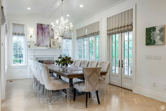 4250 S Camille St, Holladay, UT 84124 - dining room featuring light parquet floors, vaulted ceiling with beams, a wealth of natural light, and a notable chandelier
