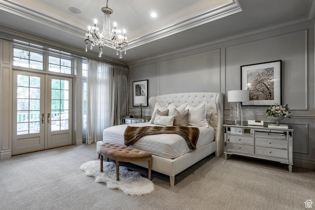 4250 S Camille St, Holladay, UT 84124 - bedroom with ornamental molding, light colored carpet, access to exterior, a raised ceiling, and french doors