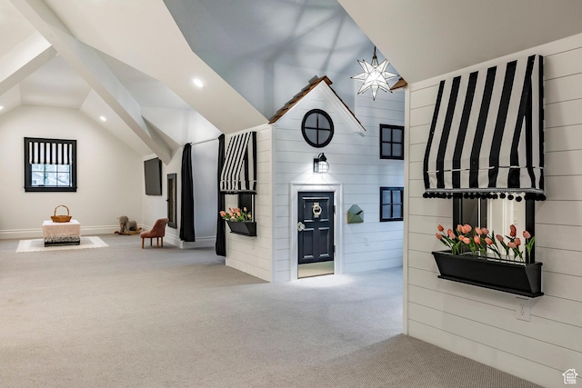 4250 S Camille St, Holladay, UT 84124 - interior space featuring lofted ceiling, light colored carpet, and wood walls