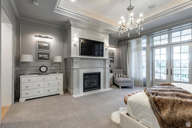 4250 S Camille St, Holladay, UT 84124 - bedroom with a chandelier, light colored carpet, a tray ceiling, crown molding, and french doors