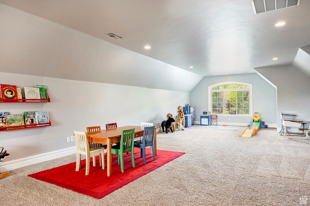 game room featuring lofted ceiling and carpet