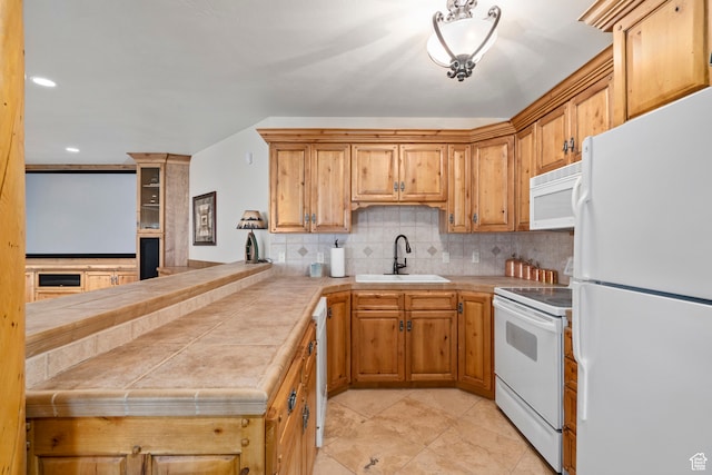 5650 N Franson Ln, Oakley, UT 84055 - kitchen featuring sink, tasteful backsplash, white appliances, and light tile floors