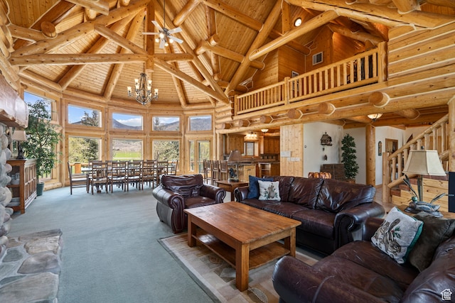5650 N Franson Ln, Oakley, UT 84055 - living room featuring high vaulted ceiling, carpet, wood ceiling, and a notable chandelier
