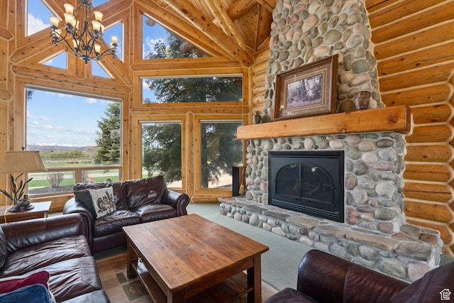 5650 N Franson Ln, Oakley, UT 84055 - living room with a stone fireplace, high vaulted ceiling, a notable chandelier, and rustic walls