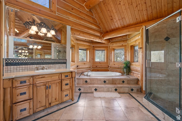 5650 N Franson Ln, Oakley, UT 84055 - bathroom featuring plus walk in shower, tile floors, log walls, wood ceiling, and vanity