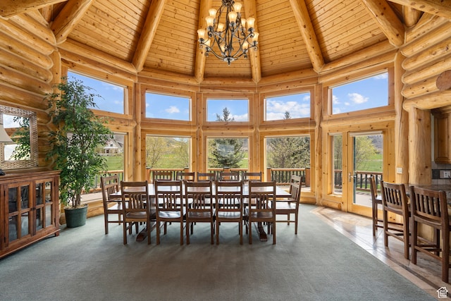 5650 N Franson Ln, Oakley, UT 84055 - dining room with high vaulted ceiling, a notable chandelier, rustic walls, and wooden ceiling