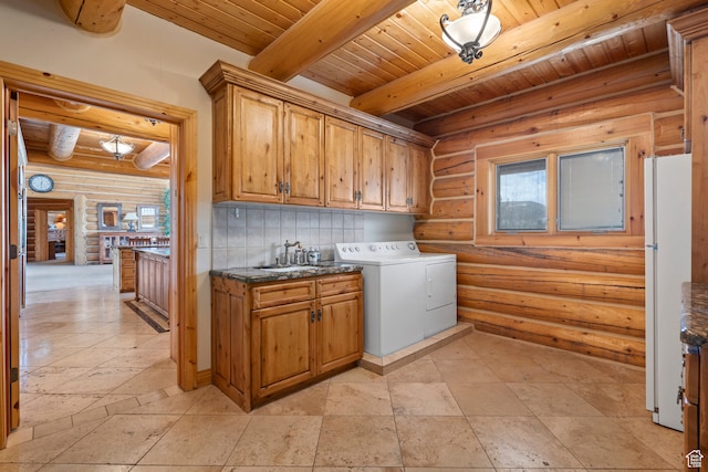 5650 N Franson Ln, Oakley, UT 84055 - washroom featuring cabinets, rustic walls, and light tile flooring