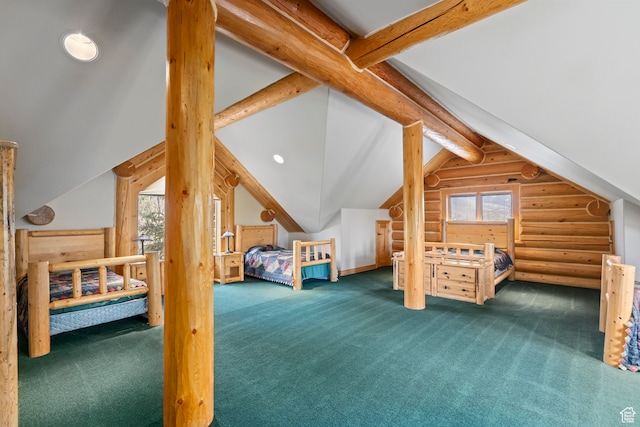 5650 N Franson Ln, Oakley, UT 84055 - carpeted bedroom featuring rustic walls and vaulted ceiling with beams