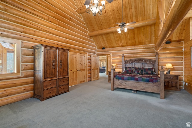 5650 N Franson Ln, Oakley, UT 84055 - carpeted bedroom featuring wooden ceiling, high vaulted ceiling, and log walls