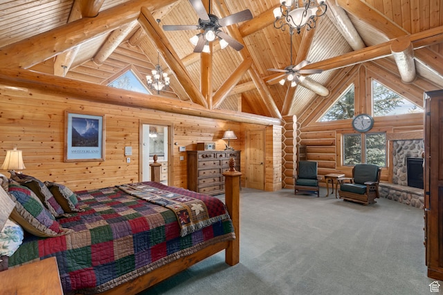 5650 N Franson Ln, Oakley, UT 84055 - carpeted bedroom with a fireplace, wooden ceiling, beam ceiling, high vaulted ceiling, and rustic walls