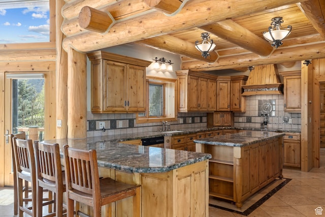 5650 N Franson Ln, Oakley, UT 84055 - kitchen featuring tasteful backsplash, custom exhaust hood, wood ceiling, dark stone countertops, and light tile floors