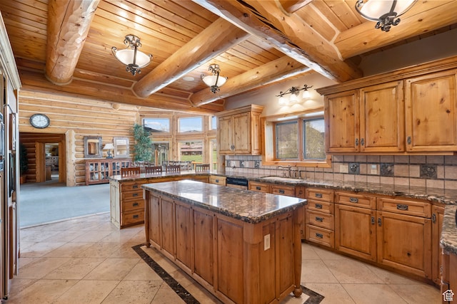5650 N Franson Ln, Oakley, UT 84055 - kitchen with a kitchen island, tasteful backsplash, wooden ceiling, sink, and light tile floors