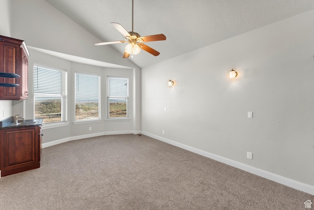 885 S Southflat Rd, Huntington, UT 84528 - carpeted spare room featuring high vaulted ceiling, sink, and ceiling fan
