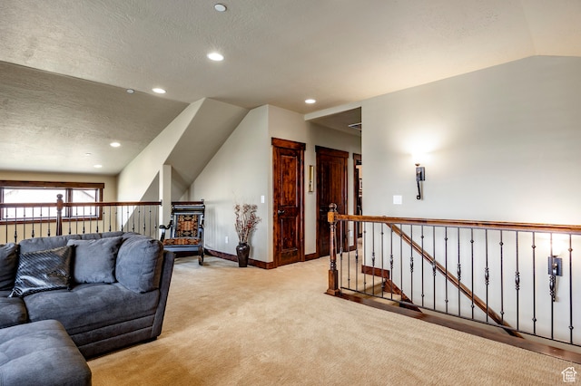 1621 E Abajo Peak Ct, Heber City, UT 84032 - carpeted living room featuring a textured ceiling and lofted ceiling