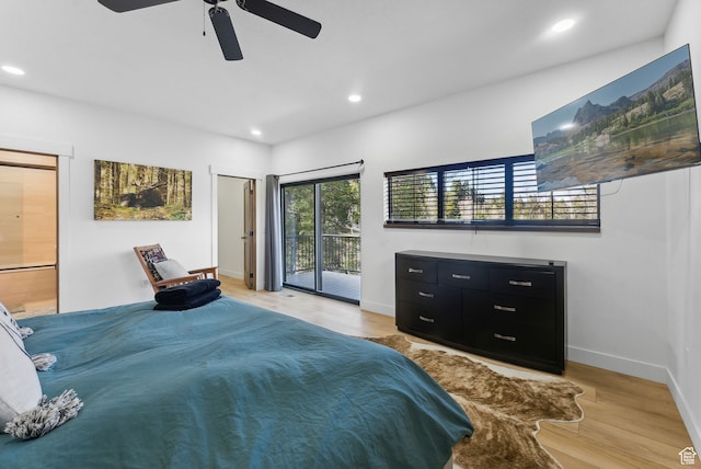 1430 W Arapaho Dr Unit 59, Coalville, UT 84017 - bedroom with ceiling fan, connected bathroom, access to exterior, and light wood-type flooring