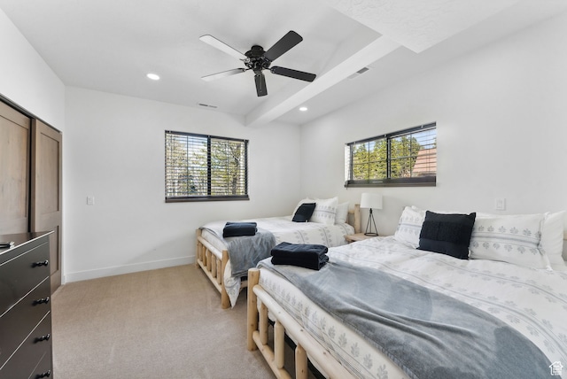 1430 W Arapaho Dr Unit 59, Coalville, UT 84017 - bedroom with multiple windows, light carpet, ceiling fan, and beamed ceiling