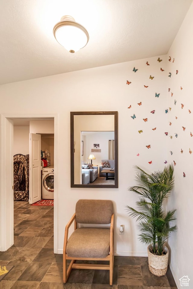 4623 Pueblo Verde Dr, Moab, UT 84532 - living area with washer / dryer and lofted ceiling