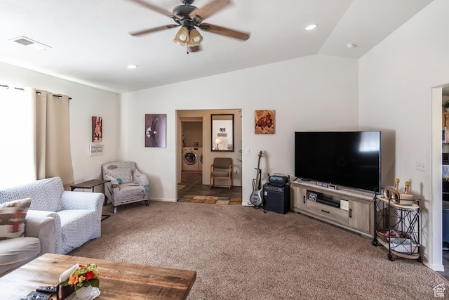 4623 Pueblo Verde Dr, Moab, UT 84532 - living room with washer / clothes dryer, ceiling fan, carpet, and lofted ceiling