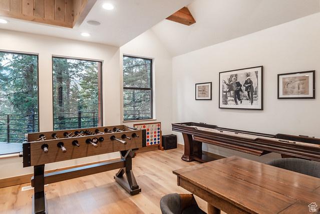 3009 E Black Forest Rd, Sundance, UT 84604 - game room with lofted ceiling and light hardwood / wood-style floors
